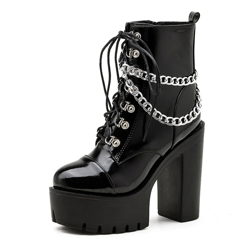 

Готические панк-сапоги, модные короткие ботинки из лакированной кожи, женские ботильоны на высоком каблуке с металлической цепочкой и боковой молнией на толстом каблуке