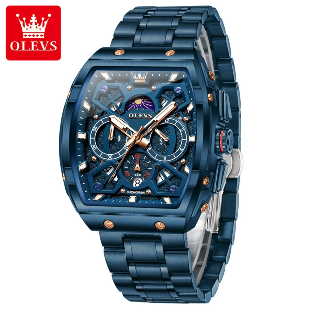 OLEVS Men's Watches Stainless Steel Tonneau Dial Moon Phase Waterproof Chronograph Wristwatch Original Quartz Watch for Men 2942 view 2