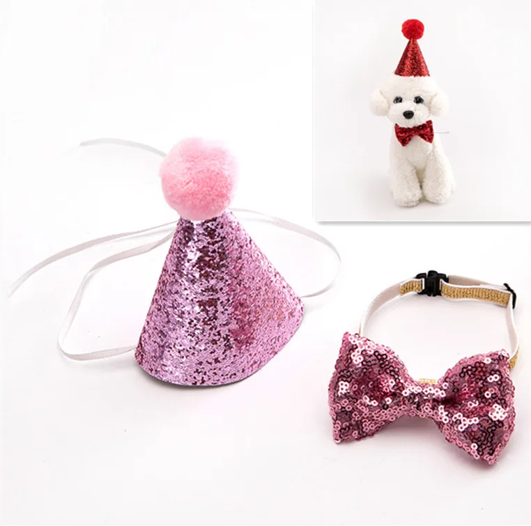 New 2Pcs/set Pet Dogs Caps With Bowknot Cat Dog Birthday Costume Sequin Design Headwear Cap Hat Christmas Party Pets Accessories