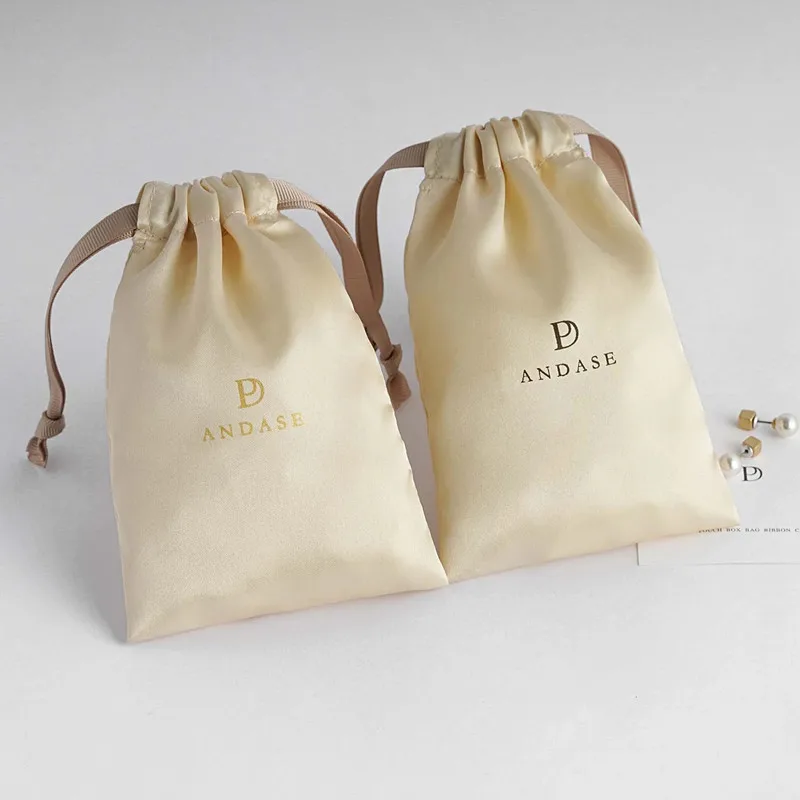 

100pcs khaki satin drawstring bags custom dust bags Jewelry package pouch personalized your logo printed bulk product package