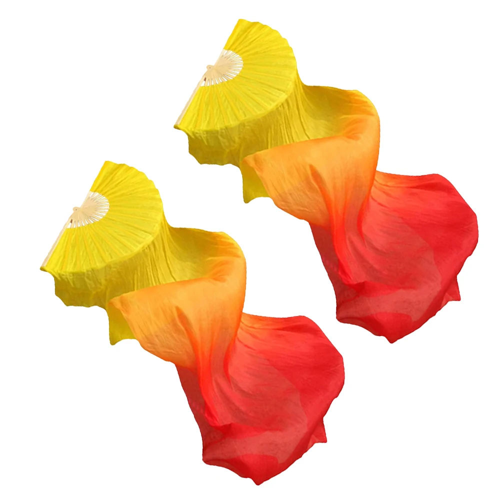 

2Pcs Long Veil Dance Fans for Women Gradient Flame Faux Silk Belly Dancing Handheld Foldable Performance Props Festival