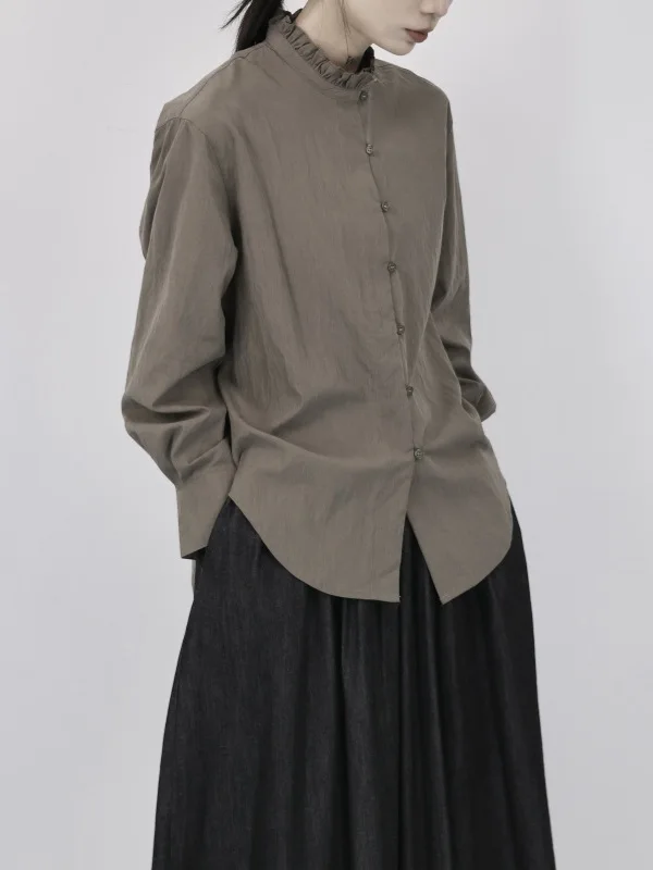 

Женская укороченная блузка с длинным рукавом и воротником-стойкой, с оборками, весенняя, белая, базовый слой, свободный крой, хлопок