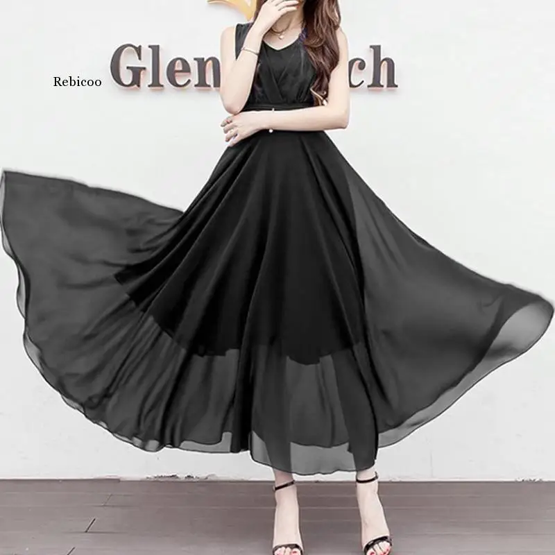 

Office Lady V-neck Sleeveless Solid Empire Wave Cut Fashion Slender Summer Dress Women 2022 Chiffon Thin Women Clothing