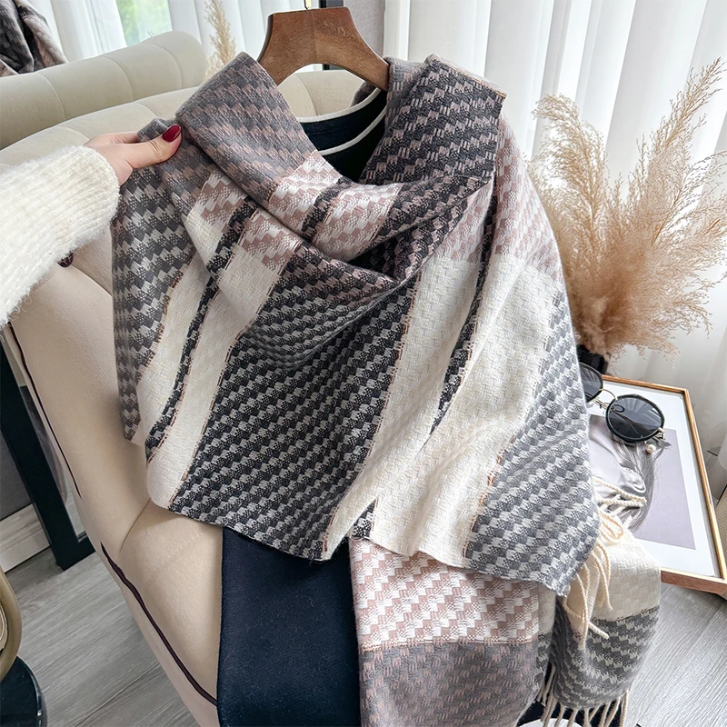 

New Elegant Ladies' Lattice Pashmina Scarf Winter Thick Warmth Double Sided Tassel The Shawl Coldproof Windproof Blanket Scarf