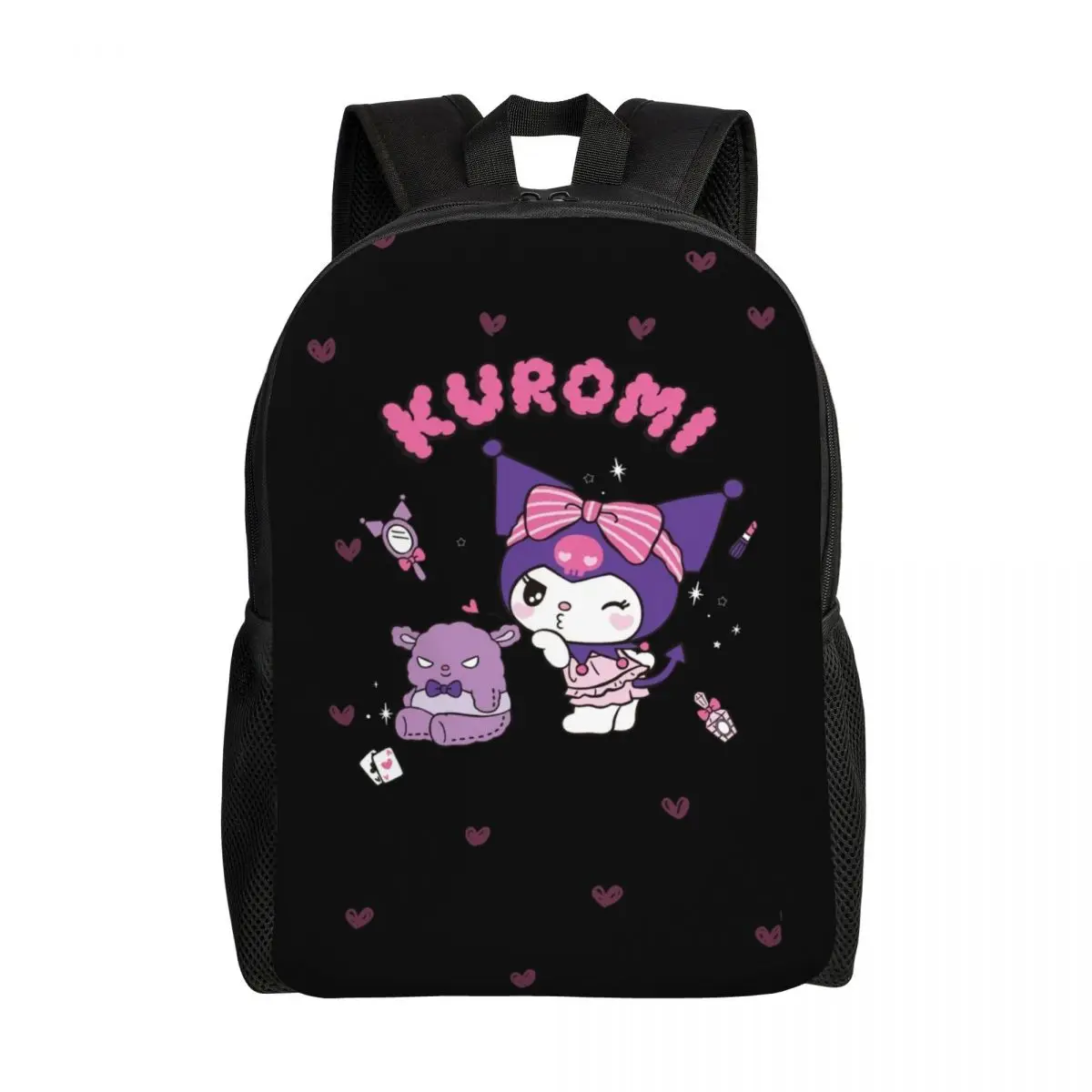 Personalizado Kuromi Cartoon Anime Coração Laptop Mochila, Moda Bookbag para estudantes de escolas universitárias, homens e mulheres