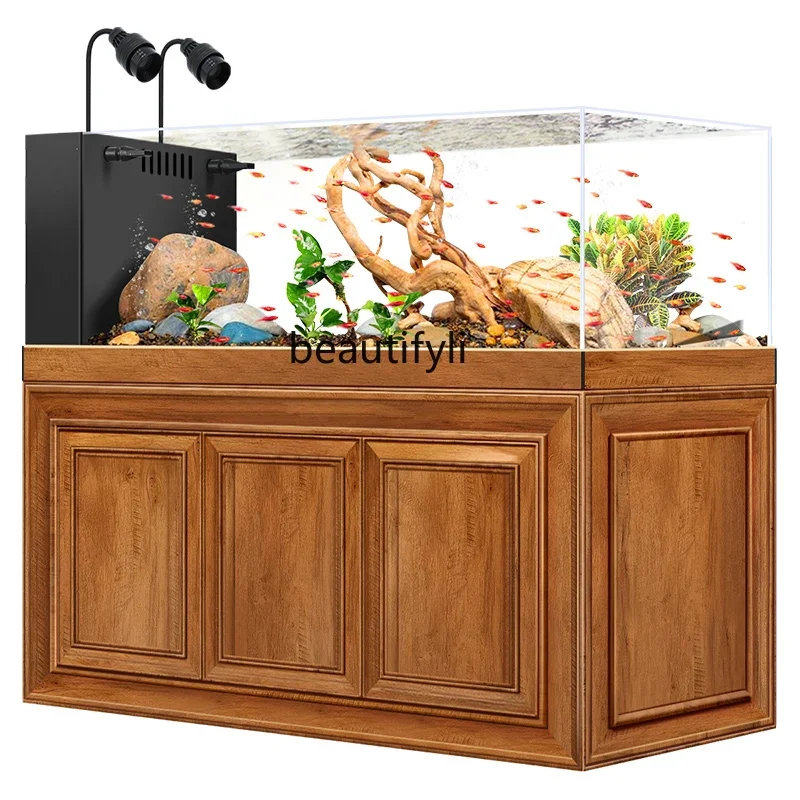 

Chinese stream tank mahogany fish tank large full set of bottom filter ultra-white glass ecological water-free grass tank