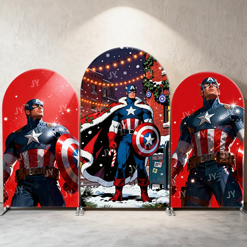 

Captain America Arch Backdrop Cover Christmas Winter Scene Kids Birthday Baby Shower Photo Booth Decor Background