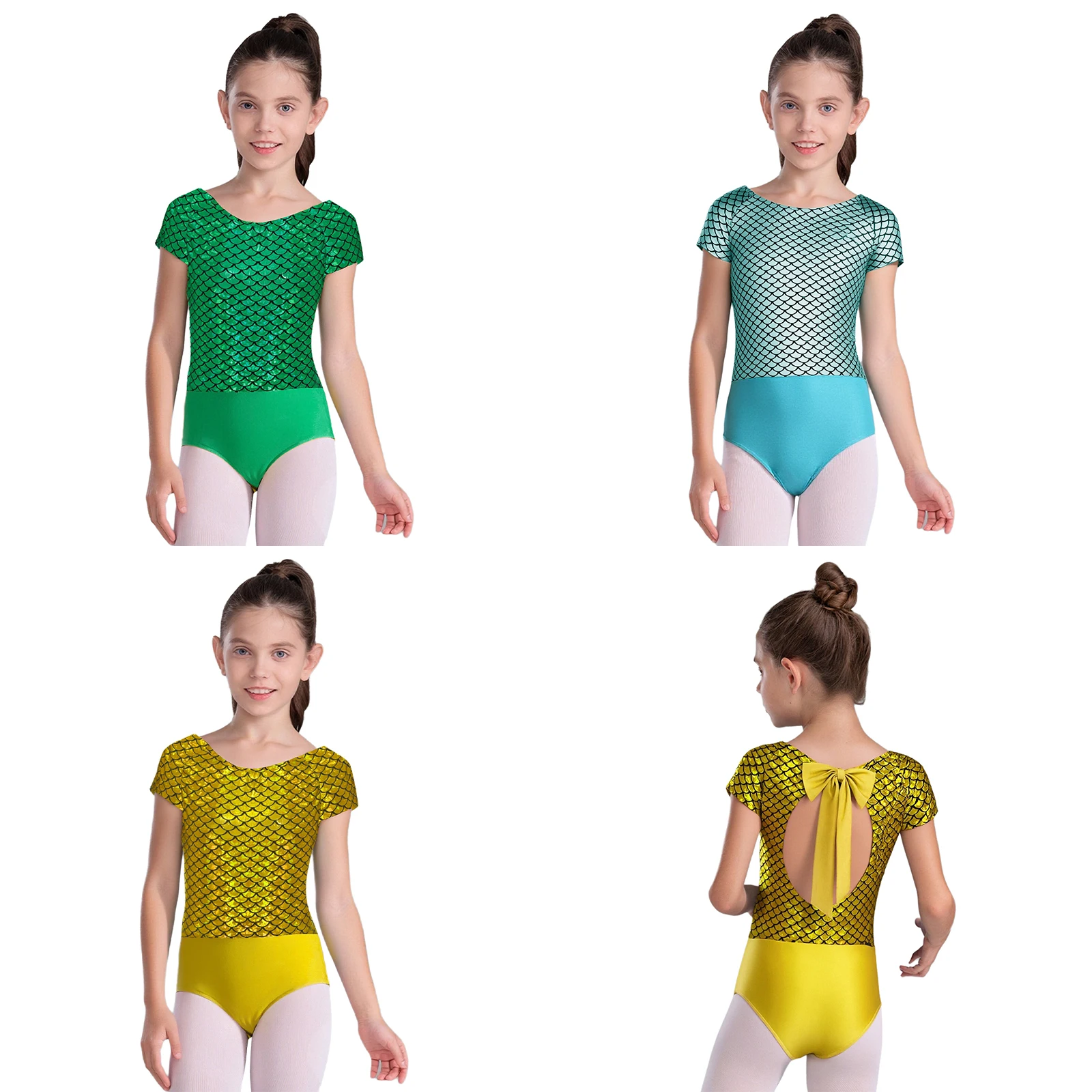 Nouvelles filles nœud papillon découpe dos gymnastique Ballet Unitard patinage artistique danse fête Costume écailles de poisson imprimé justaucorps à manches courtes