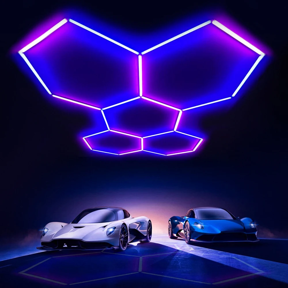 

Hexagonal Garage Light RGB 200W Cellular Seven Color Remote Control 110V Wall Decoration Modeling LED Car Wash Station Light