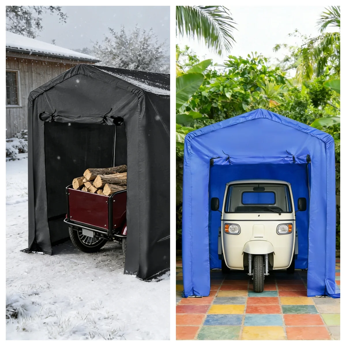 6*12*8ft Steel Outdoor Storage Shed For Motorcycle/Bike/Garden Tools, Peak Roof Outdoor Storage Shed, Storage Shelter With Water-repellent Cover