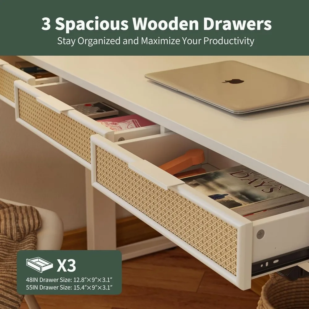 مكتب قائم كهربائي قابل للتعديل بارتفاع طراز بوهو مقاس 55 × 26 بوصة مع 3 أدراج من الروطان، مكتب قائم مع مساحة تخزين كبيرة، #6