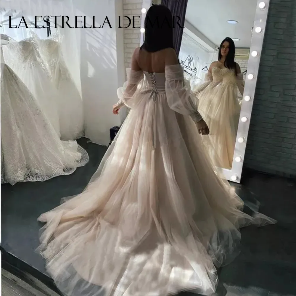 Champagne Princess Wedding Dresses for Bride Train Tulle Beaded Sexy Sweetheart Vestido De Novia Lace Up, Beach Womens Gowns