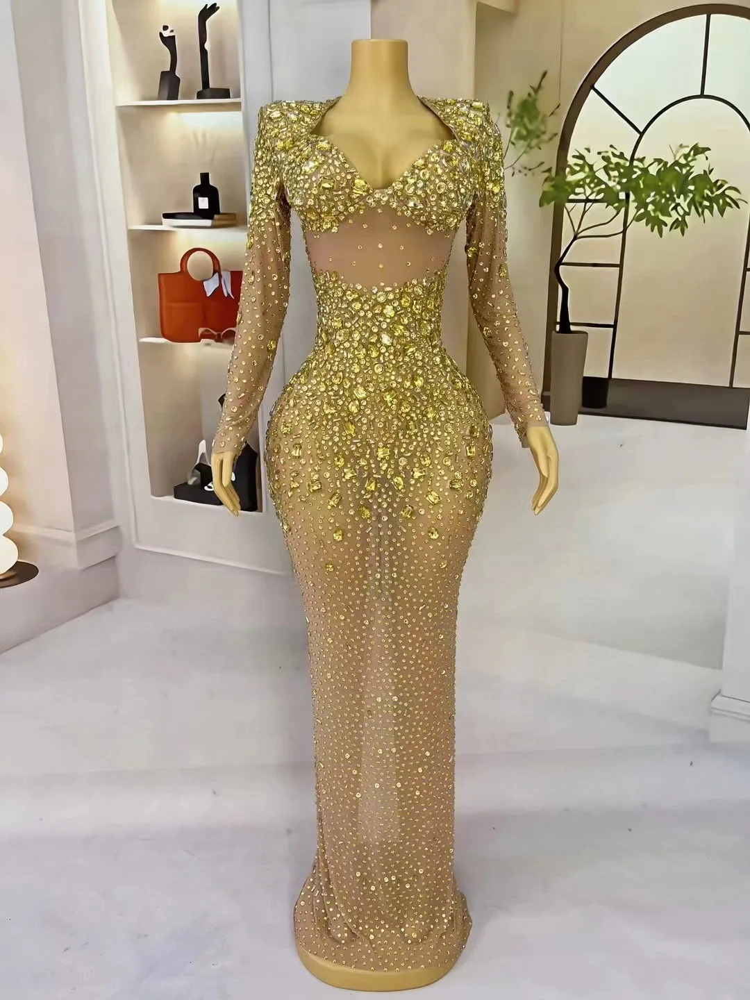 Vrouwen Cocktail Party Jurken Verjaardag Stadium Fotoshoot Kostuum Sexy Podium Elegante Luxe Avond Shining Gold Rhinestones Jurk