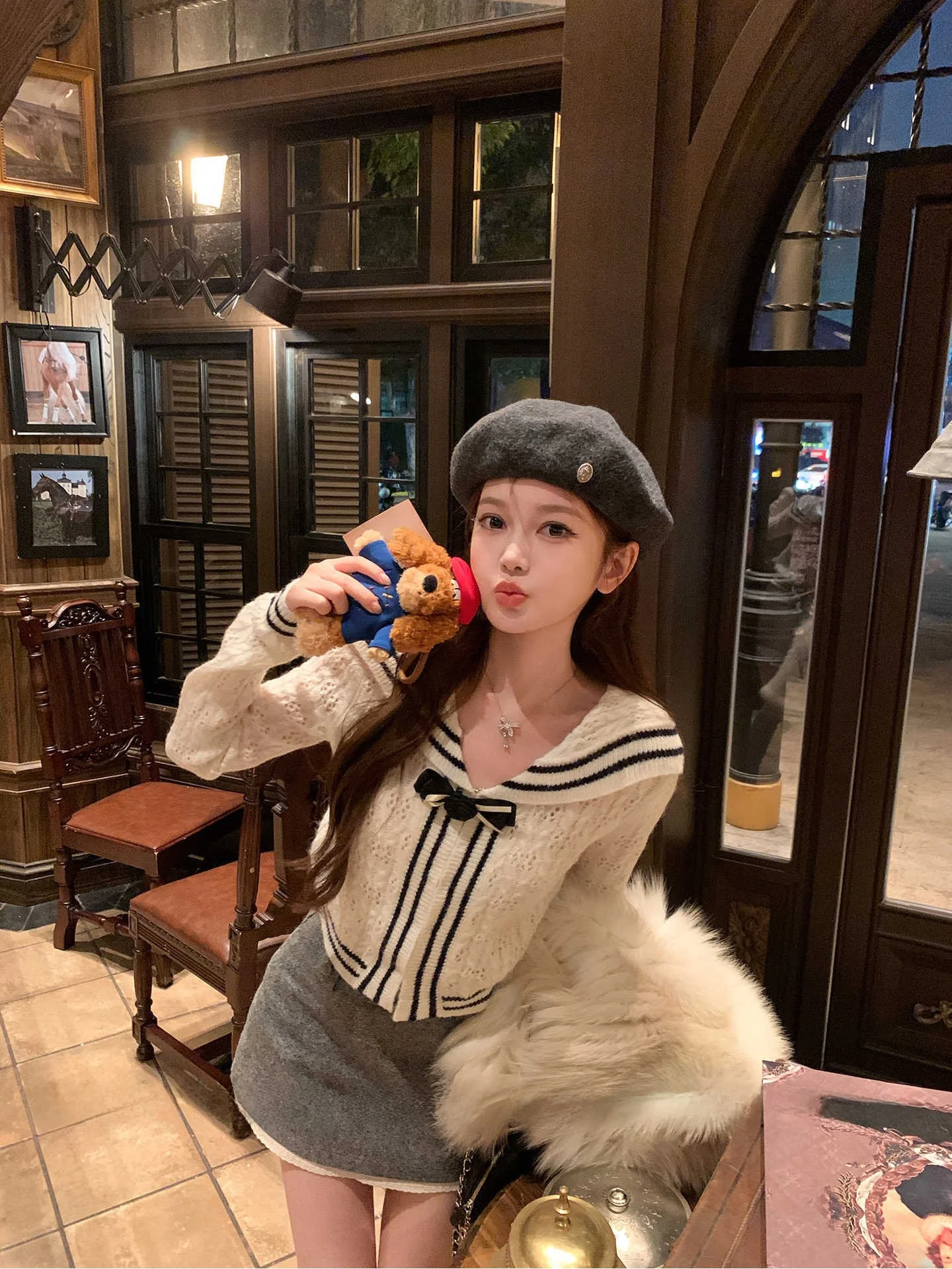 

Slim Fit ort Sve Navy Collar Knitted Sweater Coat for Women Autumn Winter Faion Commute Sle Long Sve Zipper Closure