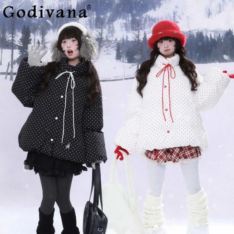 

Stand Collar Bowknot Thickened Parkas for Women Warm Winter Long Sleeve Cotton Jacket Female Japanese Style Cute Parkas