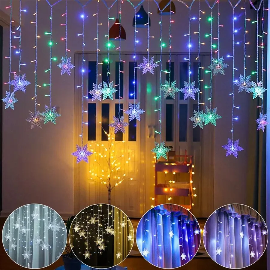 Cortina de floco de neve led luzes da corda plugue da ue 8 modos ano novo guirlanda luzes do jardim de fadas para festa casamento decoração natal