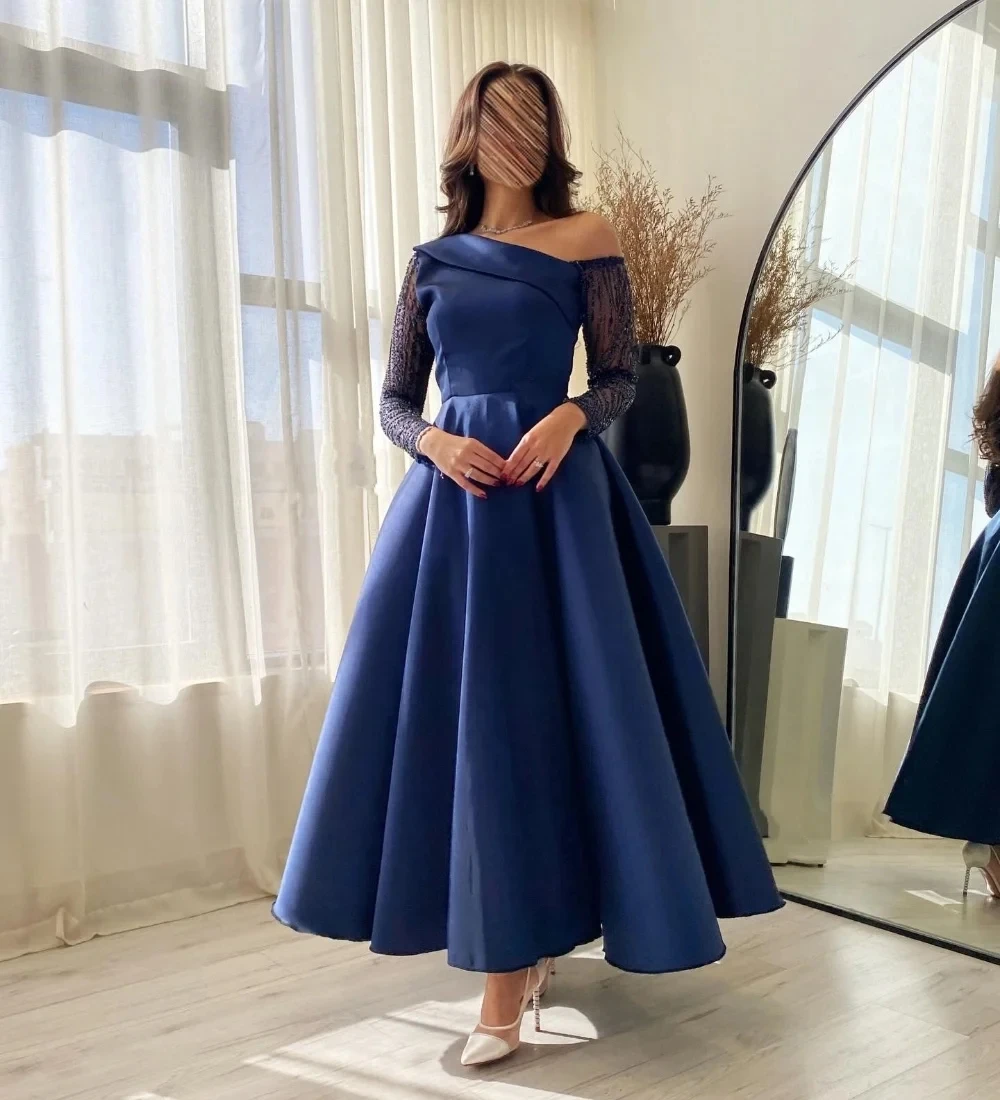 

Royal Blue Long Sleeves Bespoke Occasion Gown Evening Dresses Pastrol Unisex Jersey Retro Dubai Saudi Arabic Prom Customized