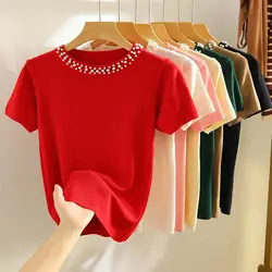 Summer New Round Neck Short Sleeved Top With Nail Beads, Loose Red Knitted T-shirt For Women