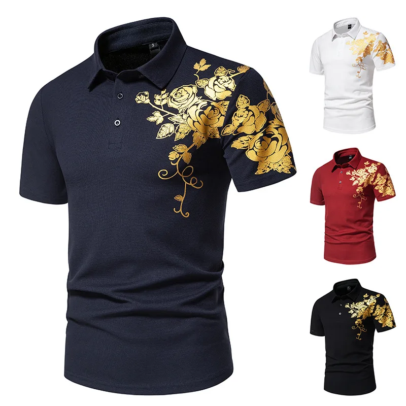 

Summer Men's Short Sleeved T-shirt with New Rose Hot Stamping Print Collar Short Sleeved T-shirt
