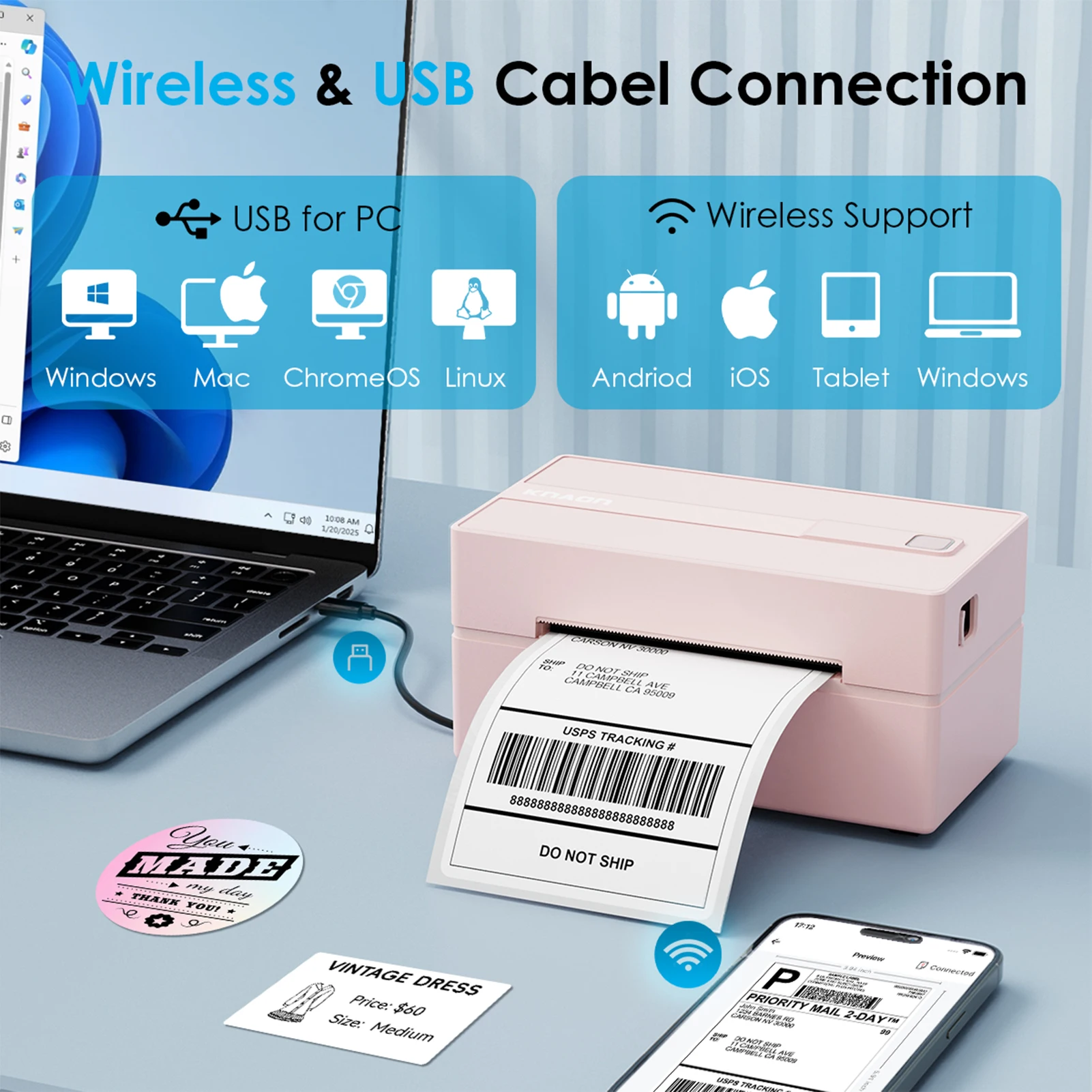 Thermal Label Printer -4x6 Shipping Label Printer for Small Business, Home Use - Compatible with Android, iPhone and Windows