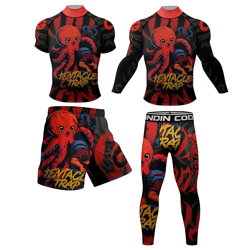 

Black Red MMA Rash Guard With Rubber Anti Cody Men Boxing Gym Clothes Jiu Jitsu MMA T-shirt +Pants Rashguard For Men 4PCS/Sets