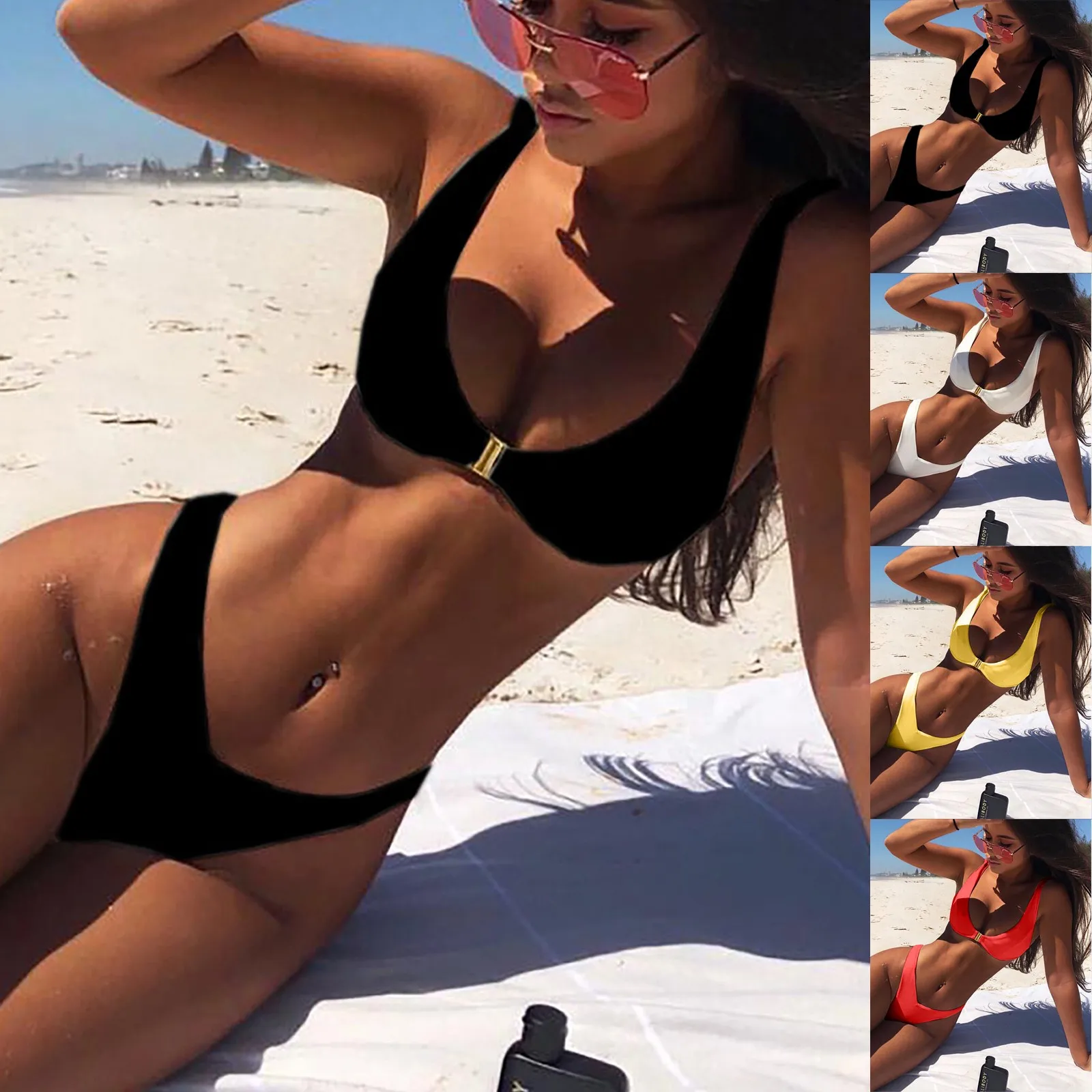 2 Pcs/Set Bikini Set Sexy Bikinis Bathing Suit Solid Color Halter Neck Strap Thong Women Swimsuit Set for Beach Swimwear