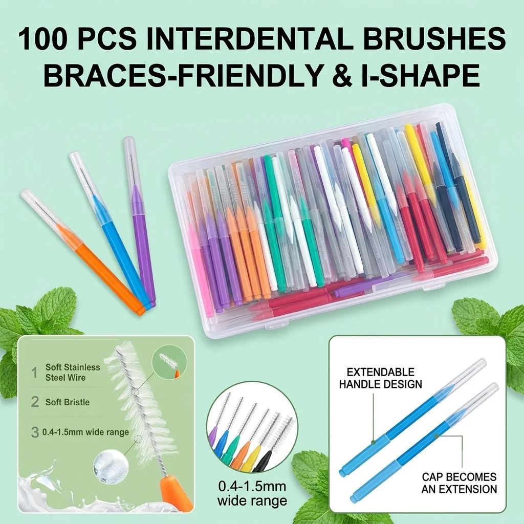 Colorful I Shape Interdental Brush 100Pcs Brush Picks Orthodontic Correction Tooth Gap Brush Tooth Braces Cleaning Soft Bristles