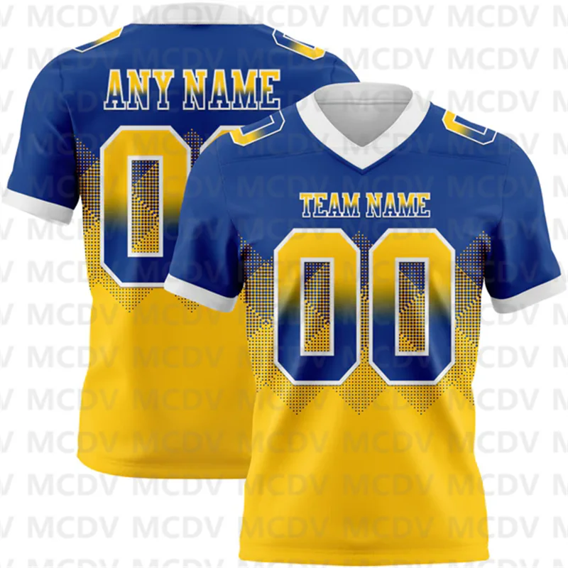 

Custom Gradient Square Shape Flag Football Jersey Personlized Team name and you name, number V-Neck T-Shirts 06