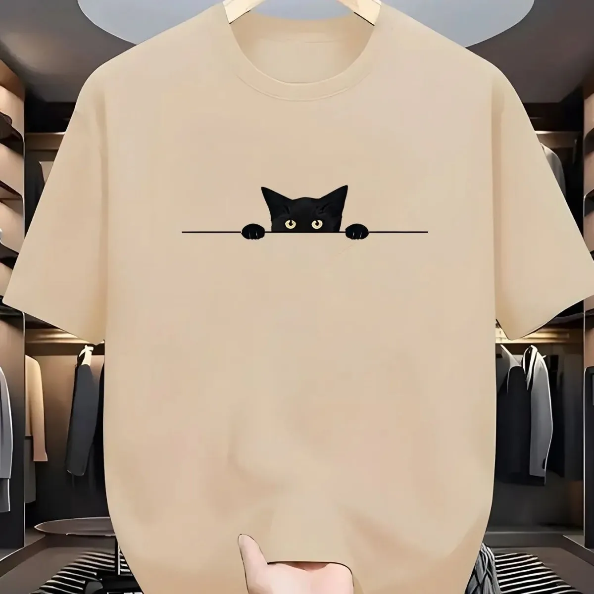 Men's new summer cute kitten print soft and breathable round neck T-shirt outdoor casual versatile top