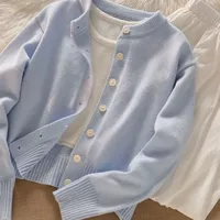 Blue Knitted Top Sweater Jacket For Women Soft Supple Simple Cropped Cardigan Pullover Spring 2024 New Style Casual Chic