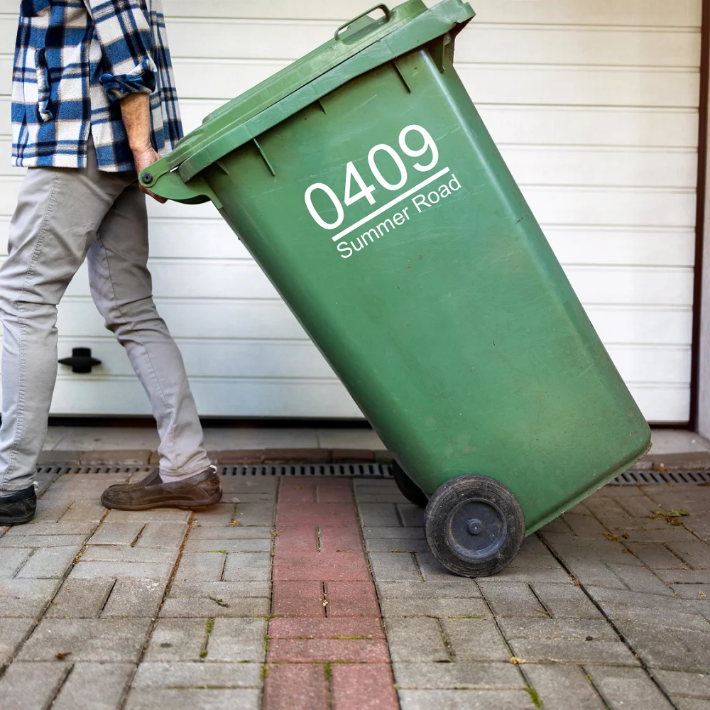 Personalized Trash Can Vinyl Decals Peel-and-Stick Waterproof Outdoor Garbage Can Identification Stickers Customizable for Bin view 5
