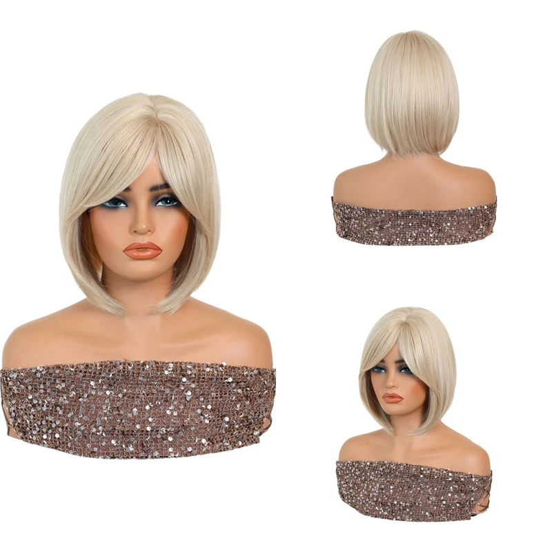 

#613 Light Platinum Blonde Bob Wig Side Bangs Short Straight Natural Soft Heat Resistant Synthetic Wig For Black Women Daily Use
