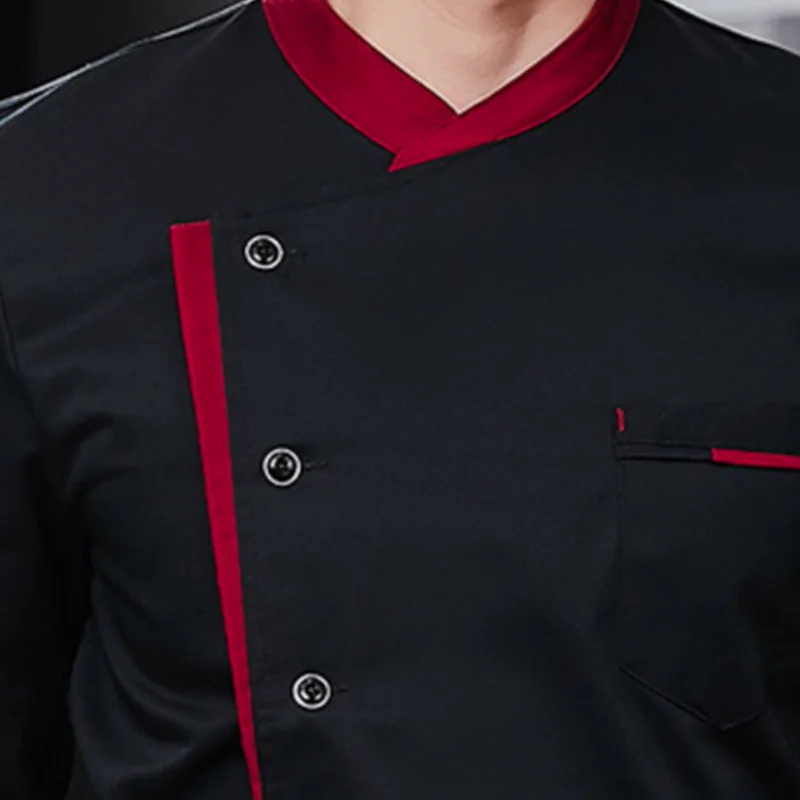 

Professional Chef Uniform With Apron Stand Collar Short Sleeve Chef Tops with Multi-Pocket Design Patchwork Color Cooking Wear