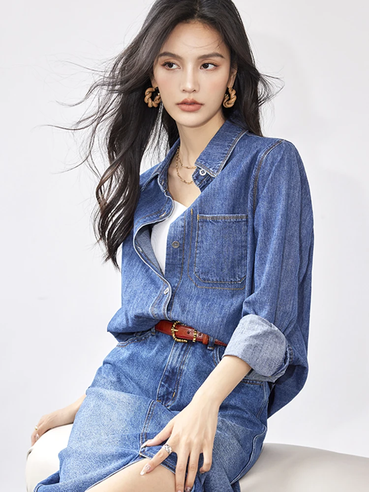 Retro Long Sleeve Denim Shirt Women Autumn New Simplicity Loose Office Lady Solid Color Turn-down Collar Casual Tops