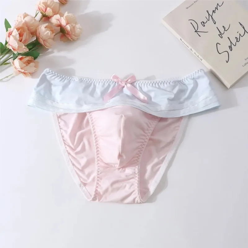 Navy Style Man's Blue Hem Briefs Breathable Quick Drying Elastic Convex Pouch Bow JK Panties Cross-dressing Sissy Lingerie