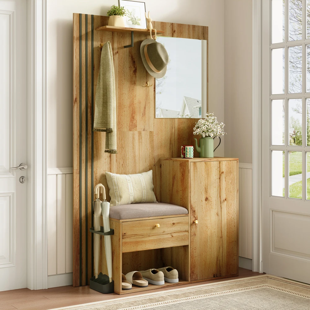 Kleiderschrank-Set, kompakter Flur-Kleiderschrank mit Spiegel und Kissen mit schwarzem Zierstreifen, Regal, Flur-Kleiderschrank, Schuhschrank – Detail 10