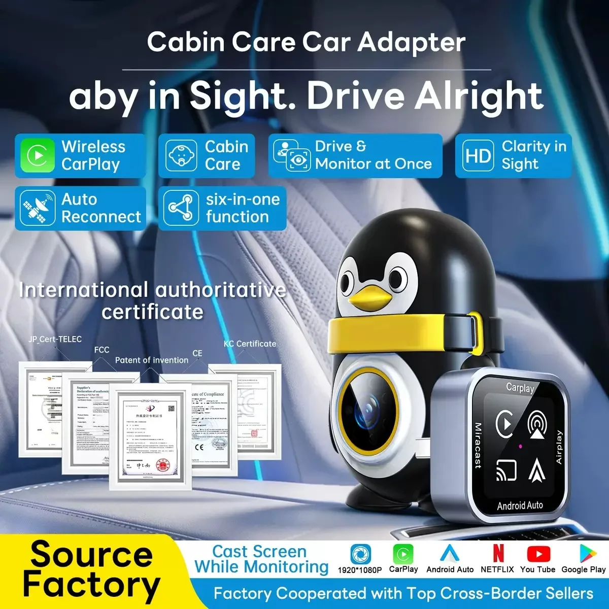 【Brand】6-In-1 Smart Box Car Play Rear Cabin Monitoring Camera Pet/Kids Care Monitor Auto CarPlay Adapter Support Netflix YouTue