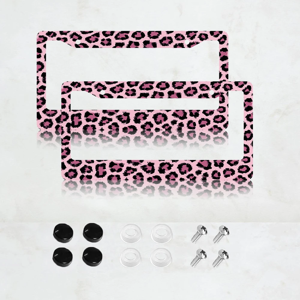 

2PC 2-Hole License Plate Frame in Pink Leopard Print, American Standard Size, Aluminum Material, 6x12 Inches, Includes Screws