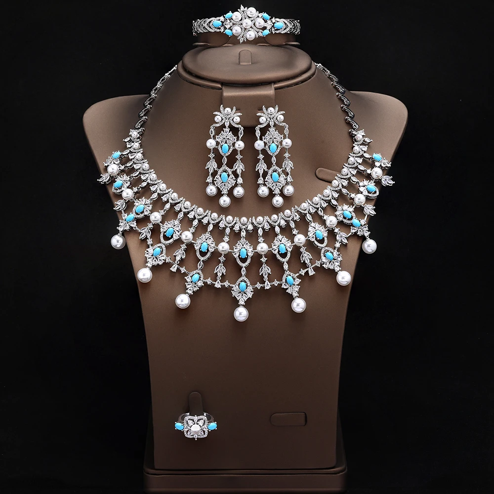 HIBRIDE New Premium Blue Pearl Necklace Earrings Bracelet Set Womens Dress Decorative Jewelry Wedding Holiday Gift S-1012