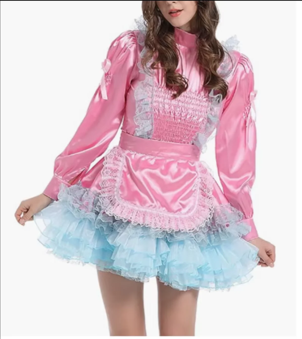 

Gothic Pink Blue Satin Patchwork Fluffy Skirt with Shoulder Fluffy Bubble Sleeves for Cross Dressing Fetishists, Party Lockable