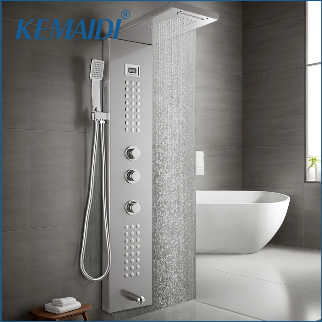 KEMAIDI Stainless Steel Shower Panel Column Tower with Digital Display Rainfall Massage Mixer 5 Shower Modes Shower Panel Tower
