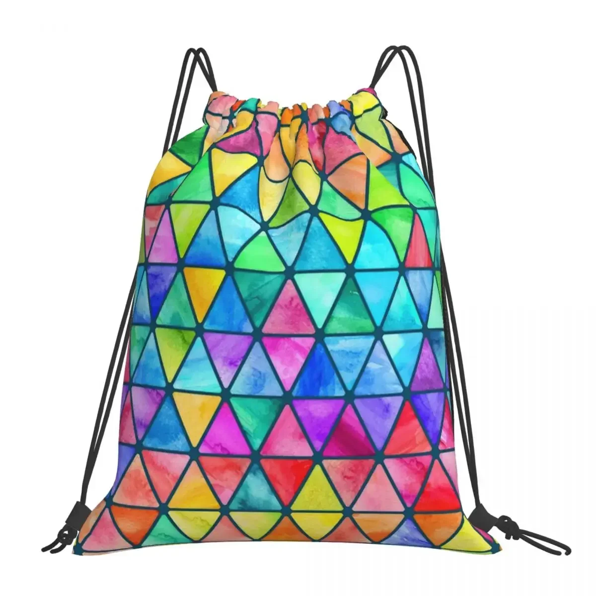 Little Rainbow Watercolor Triangles On Teal Backpacks Drawstring Bags Drawstring Bundle Pocket Sundries Bag BookBag