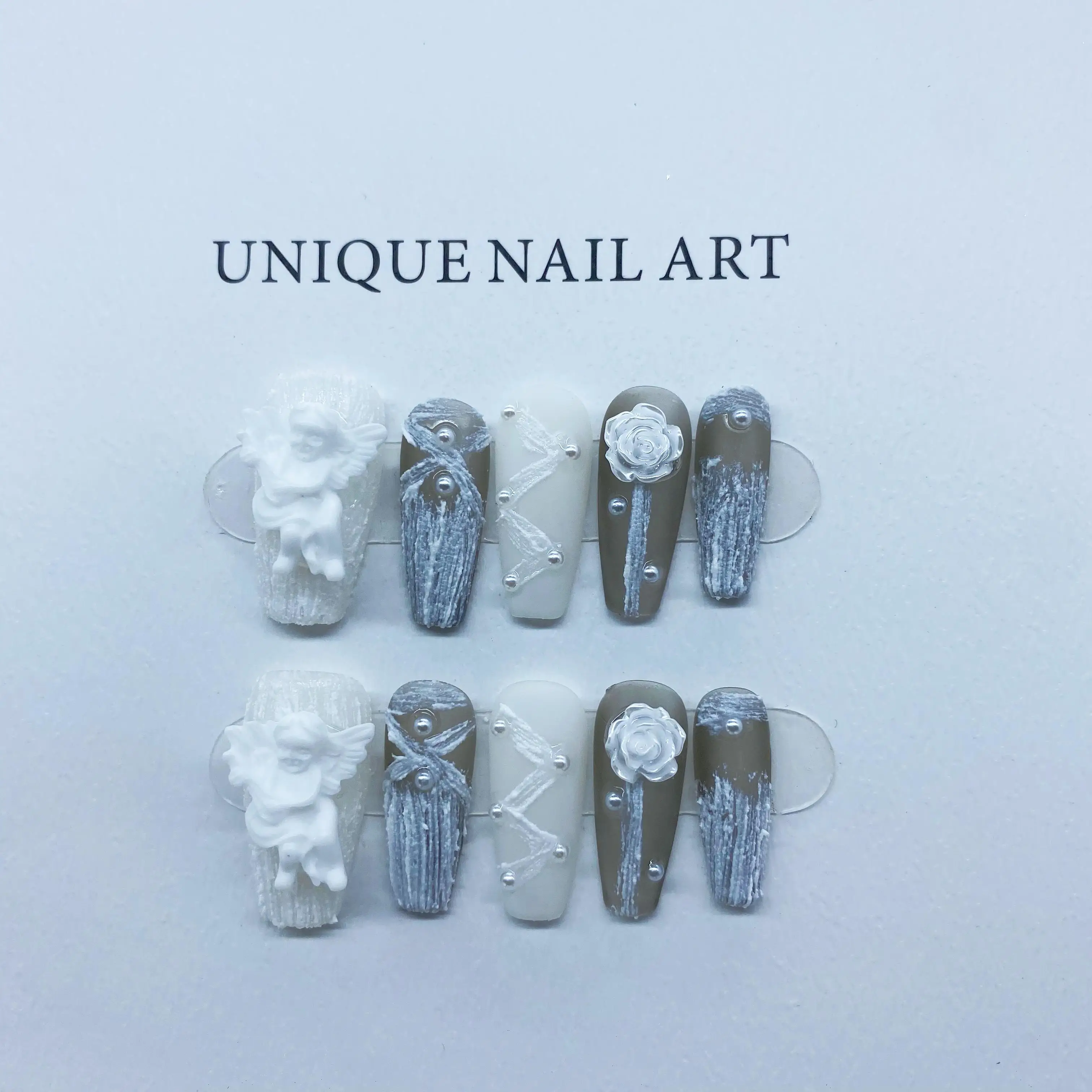 Retro Plaster Angel Gel Detachable Reusable High-Quality Elegant White Handmade Press On Nails