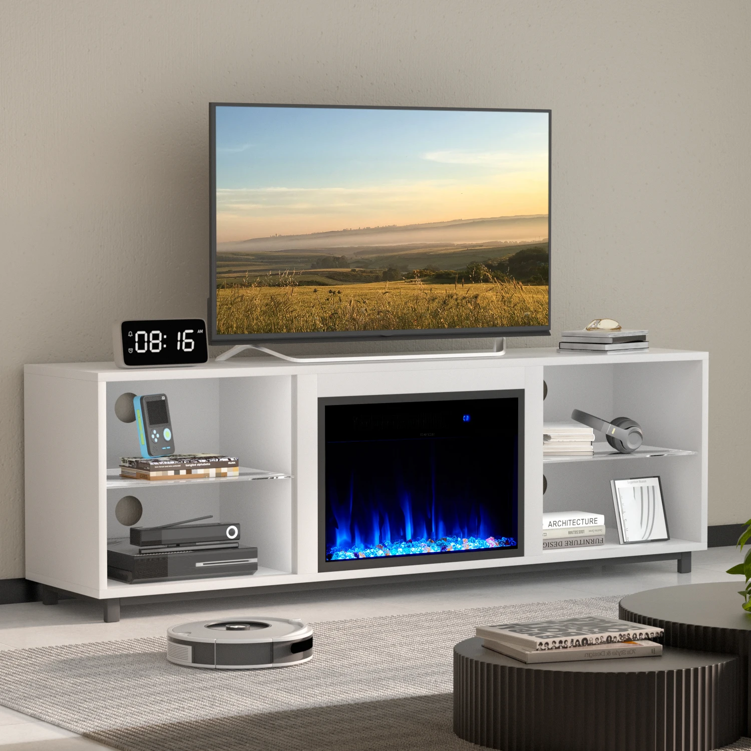 68 Inch Modern Fireplace TV Stand for TV up to 78 Inch for Living Room, with 3D Electric Fireplace, Wood Storage TV Console