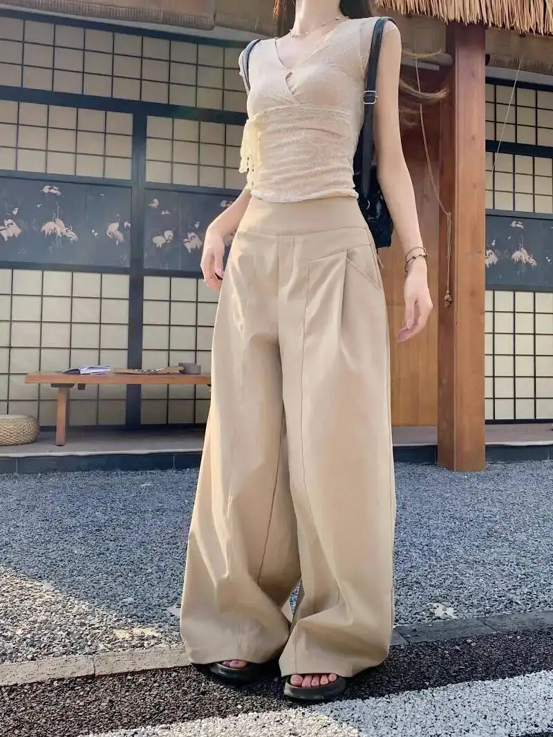 Women's Khaki Casual Pants Summer High-Waist Wide-Leg Trousers, Loose Slimming, Floor-Length With Design Sense