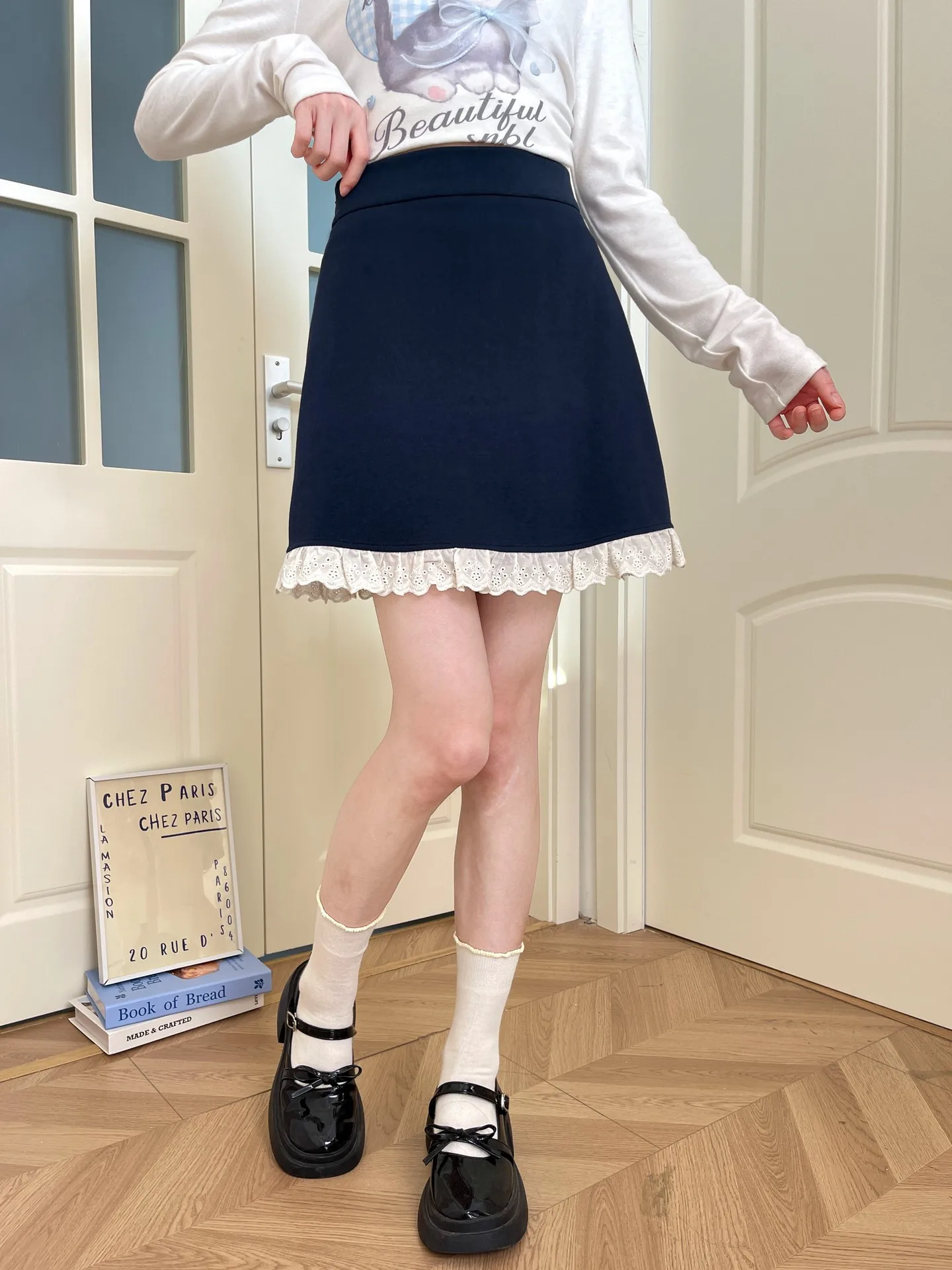 Sweet Style High Waist A-Line  Skirt with Color Block Design And Wood Grain  for Women Autumn Season Fashionable Skirt