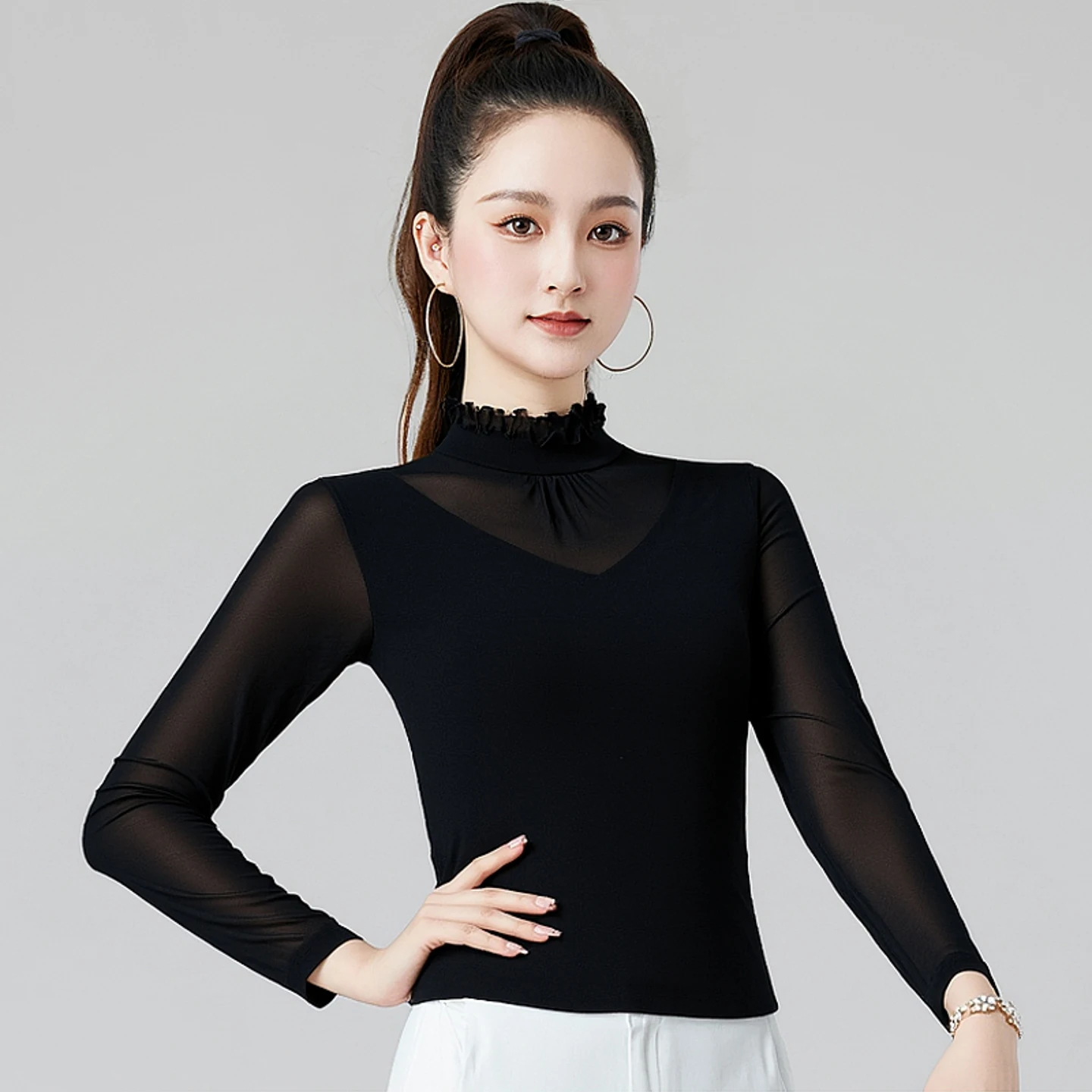 Haut de danse latine à manches longues pour femmes, col en v, haut de danse moderne pour adultes, Rumba, vêtements de danse de salle de bal, vêtements d'entraînement, nouvelle collection, DW11084