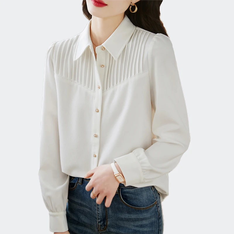

Женская белая рубашка во французском стиле, осень 2023, плиссированная блузка с длинными рукавами, элегантные офисные повседневные топы