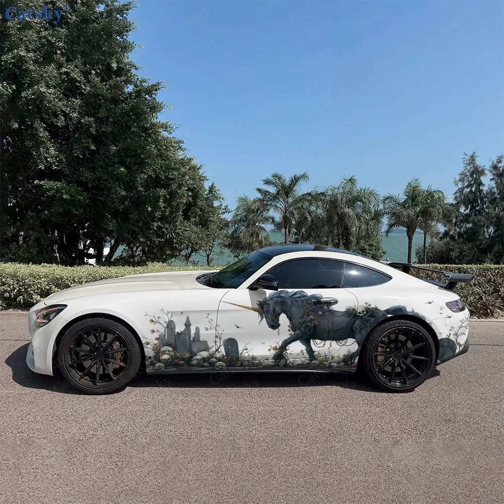 2pcs Thorn Covered Horn Spirit Steed Car Side Wrap, Self-Adhesive PVC Waterproof & Scratch-Resistant Sticker, Car Accessory Gift