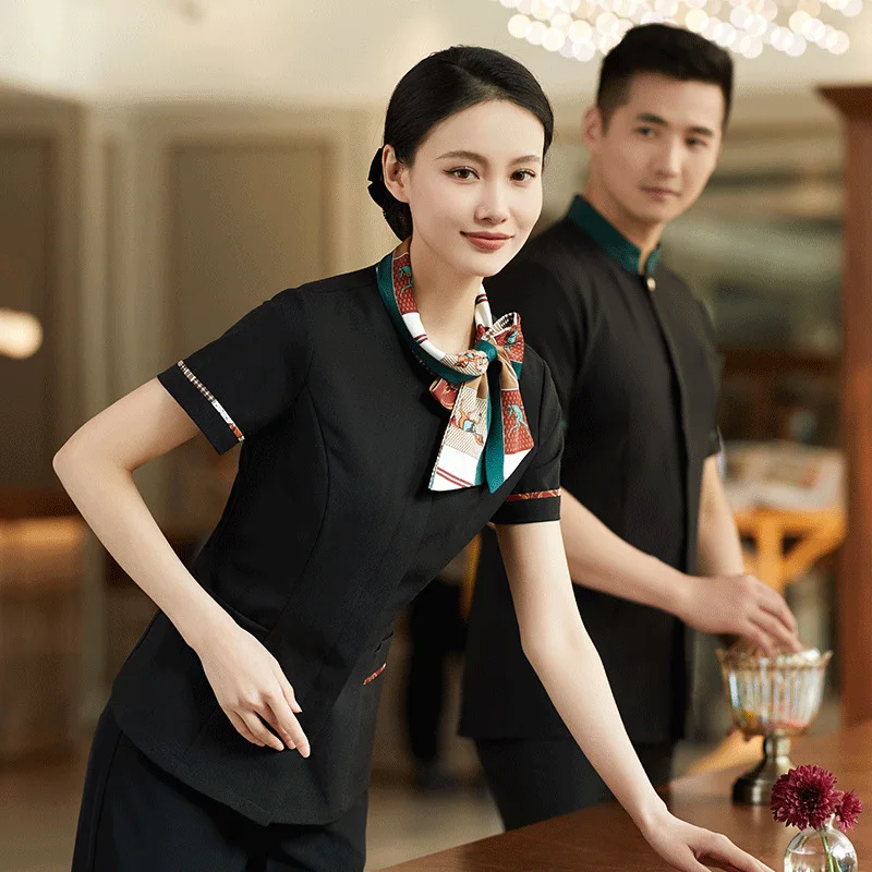 Uniforme de trabajo de camarero de restaurante para mujer, estilo chino de verano, Hotel, olla caliente, Catering, restaurante, granja, recepción, manga corta